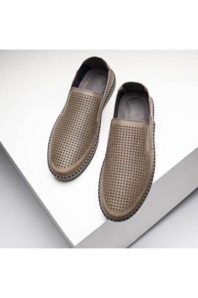 BMoD Pantofi casual bărbătești din piele bej cu perforații MOD13644