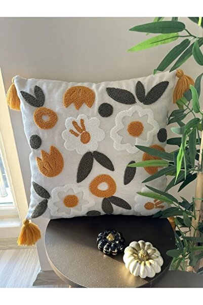 cix short tagline Punch Nakışlı & Püsküllü Kırlent Kılıfı (Krem Kumaş)