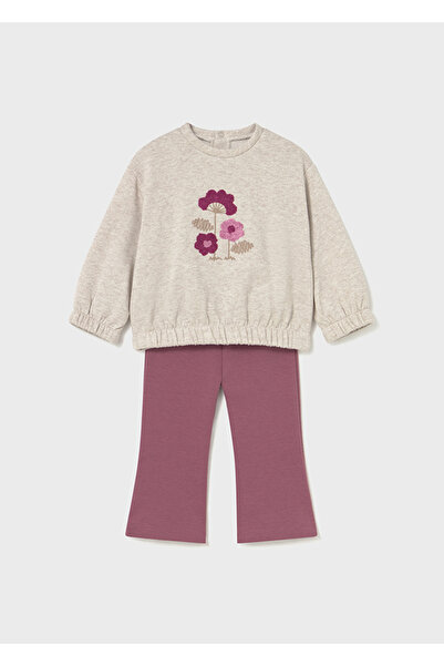MAYORAL 1-4 Years Old Baby Girl Two-Piece Set – Beige Ribbed Sweatshirt with Floral Detail and Pink Wide-Leg Leggings