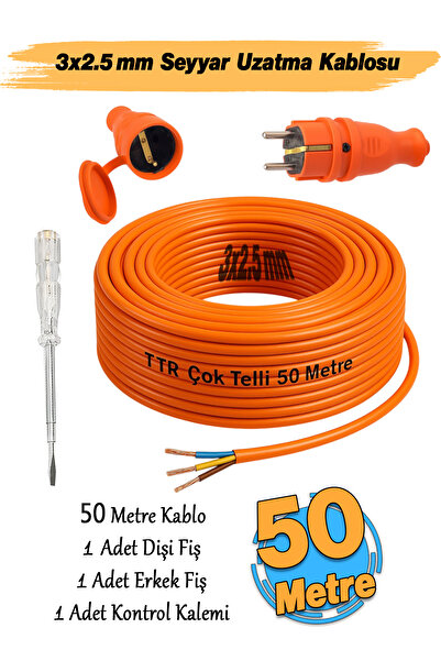 Badem10 TTR CCA Telli 3x2.5 mm Seyyar 50 Metre Uzatma Kablosu Elektrik Kablo Kontrol Kalem Dişi Erkek Fiş