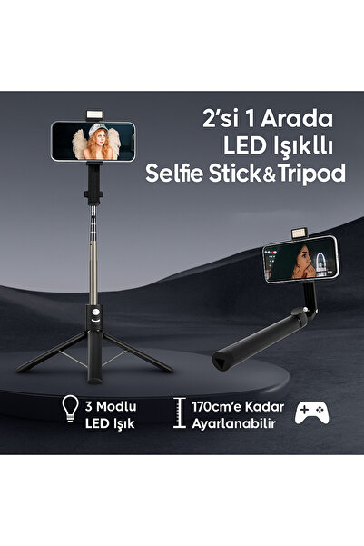 Coverzone 2in1 Selfie Stick Tripod 170cm Uzatılabilir, Bluetooth Kumanda, 3 M...