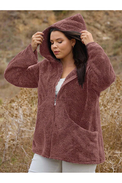 ModaSehle Women's Large Size Long Sleeve Pocket Hooded Zippered Plush Cardigan Jacket