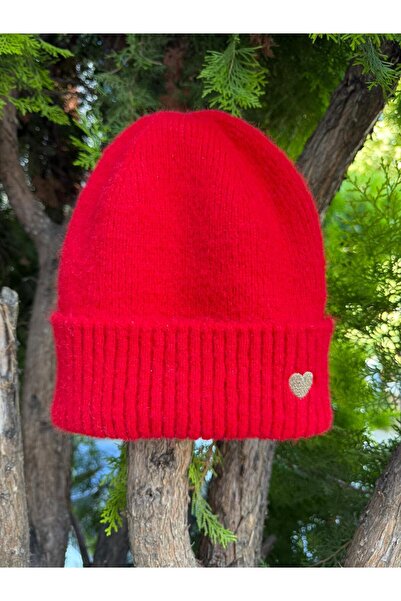 Trend Şapka 14802 Gold Kalp Nakışlı Kırmızı Bere