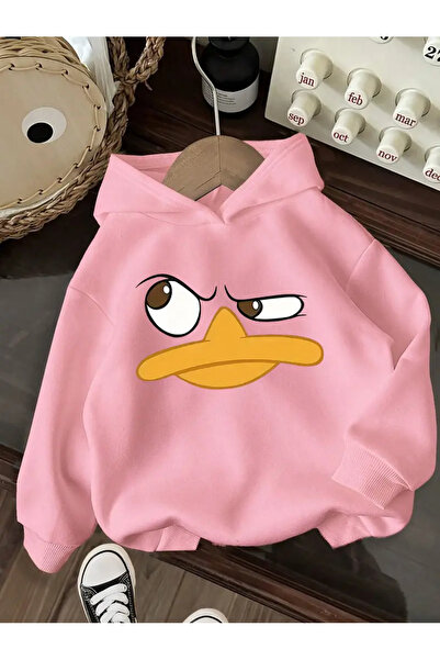 MORNİNG KİDS Hanorac roz pentru fetiță, cu glugă, cu imprimeu de rață