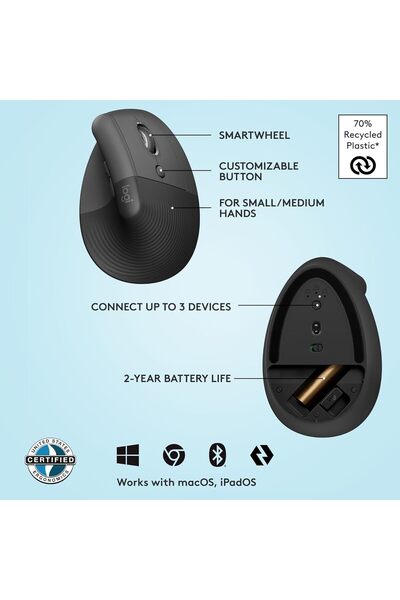 logitech Lift Vertical Ergonomic Mouse, Wireless, Bluetooth or Logi Bolt USB receiver, Quiet clicks,