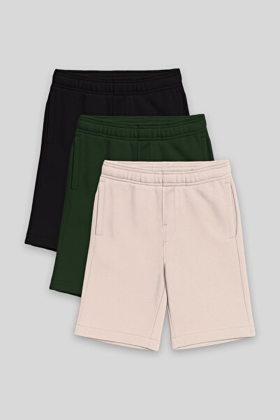 TOMMY LIFE Standart Fit Basic 3lü Paket Siyah-Çam Yeşili-Bej Erkek Çocuk Şort - 11293