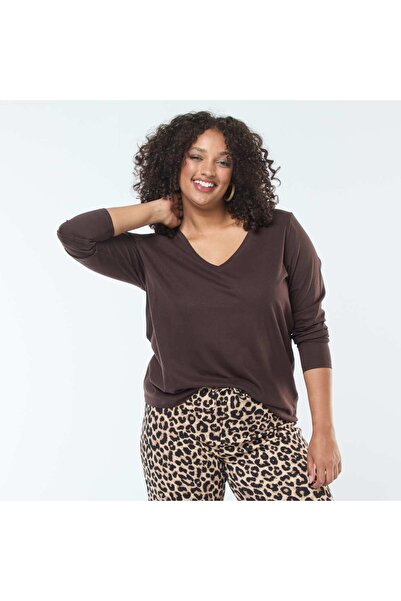 KIABI Jersey V-Neck Short-Sleeve T-Shirt BROWN