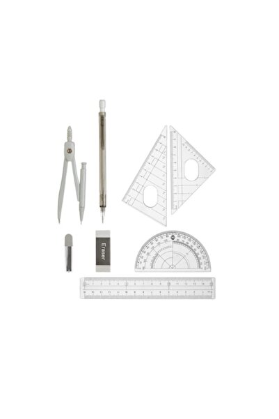 SHOPIENS 8 Piece Geometry Set, Shopiens, with Grey Metal Compass, Mechanical Pencil, Rulers, Protractor, Eraser, With