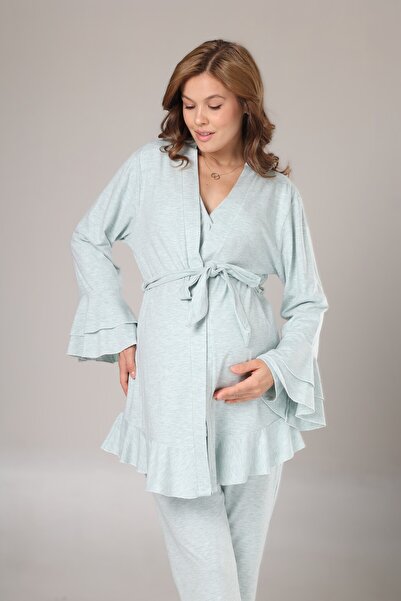 Pelin Women's Green Double-Breasted Collar Flounce Sleeve Adjustable Waist Maternity 3-Piece Pajama Set