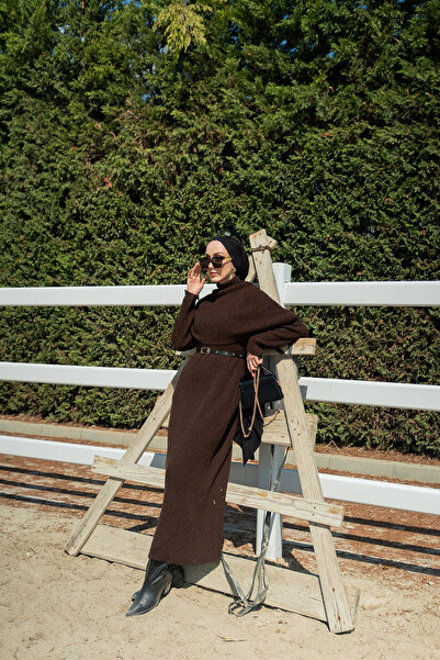 LOCCO Kadın Pelerin Yaka Elbise Kahve