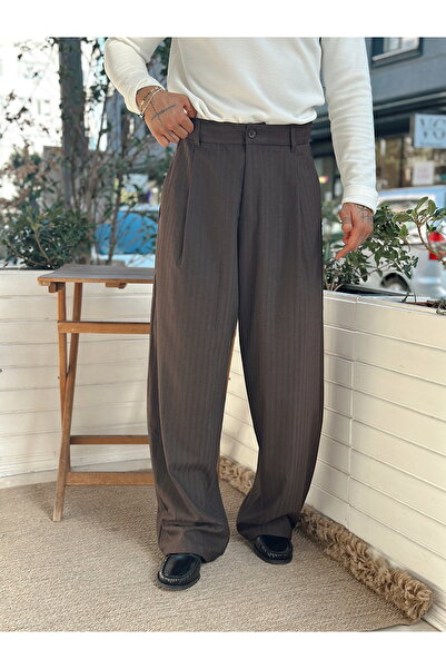 manch collection Kore Kesim Çizgili Pileli Kumaş Pantolon Kahverengi