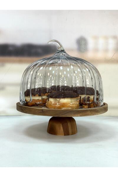 MİEN وعاء كيك زجاجي من تيري أكاسيا مع حامل، 31 سم، لون واحد