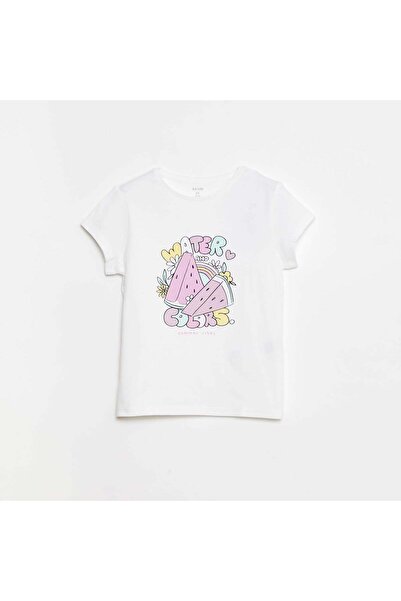 KIABI تي شيرت مطبوع بأكمام قصيرة ورقبة دائرية باللون الأبيض