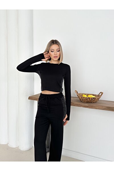 LE CARAMBOLE Women's Black Modal Top and Bottom Set with Finger Insertion and Side Stone Detail