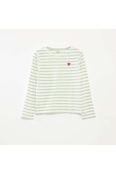 KİABİ تي شيرت مخطط بأكمام طويلة ورقبة دائرية باللون الأخضر