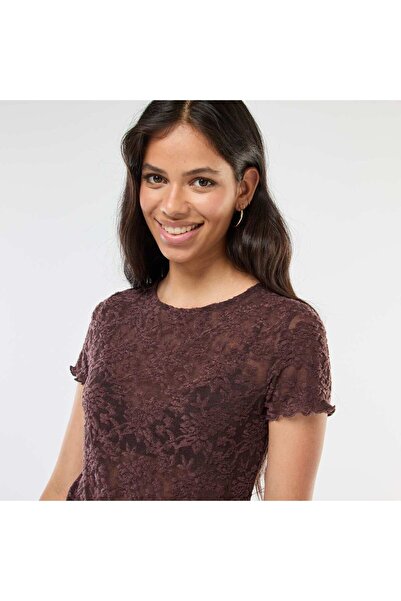 KIABI Lace Short-Sleeve T-Shirt BROWN