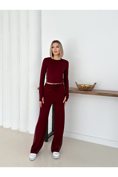 LE CARAMBOLE Women's Burgundy Modal Top and Bottom Set with Finger Insertion and Side Stone Detail