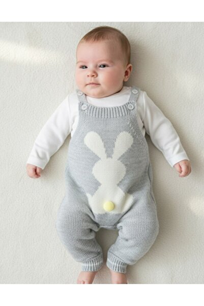 Ege Bebek Winter Rabbit Detailed Knitwear Salopet and Inner Badili Set, 3-6-9-12 Months Knitwear Gardener Jumpsuit R2206