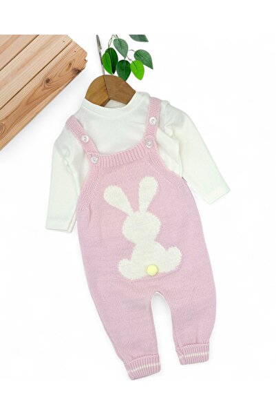 Ege Bebek Winter Rabbit Detailed Knitwear Salopet and Inner Badili Set, 3-6-9-12 Months Knitwear Gardener Jumpsuit R2206