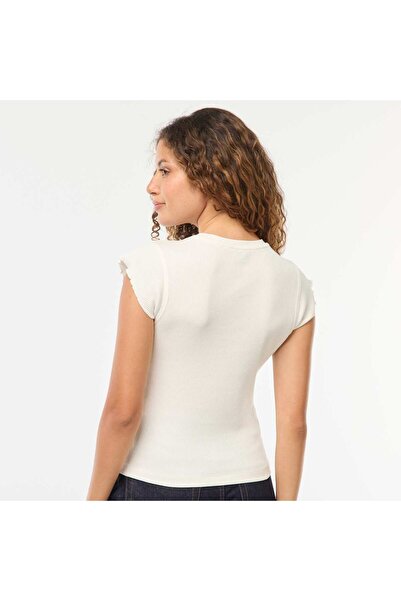 KIABI Ribbed T-shirt with flounced sleeves WHITE