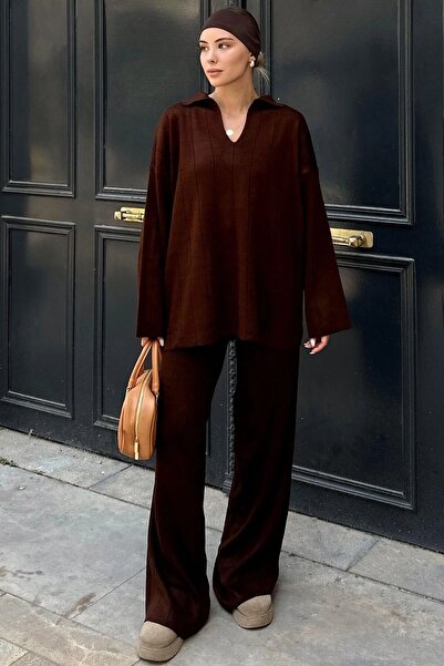 Marbella Women's Polo Neck Ribbed Knit Sweater Pants Two-Piece Set