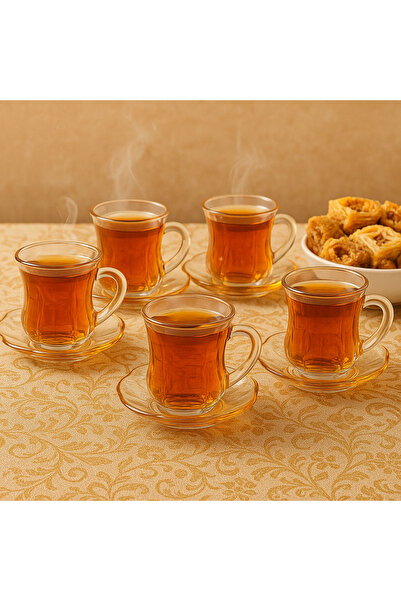 Dania Elegant Glass Tea Set - 6 Cups + 6 Saucers with Amber Accent