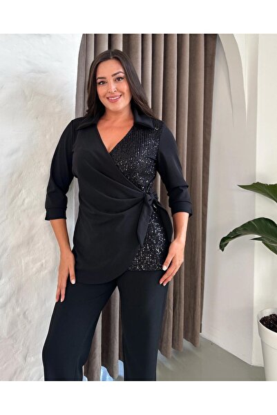 Butik Nilyam Women's Plus Size Double Breasted Collar Long Sleeve One Direction Sequin Detailed Blouse 25008 Black