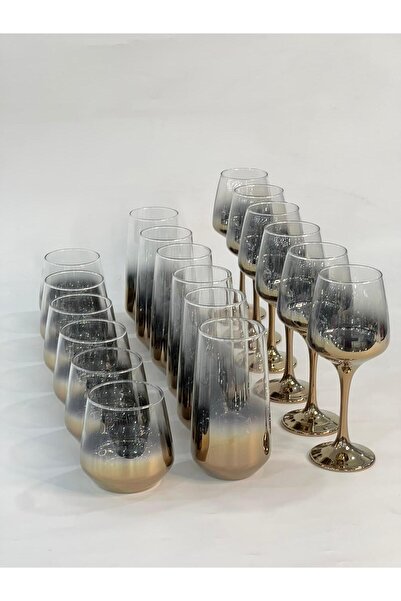isra kristal Titanium Coated 18 Piece Luxury Glass Cup Set – 6 Water Glasses + 6 Long Drink Glasses + 6 Goblets