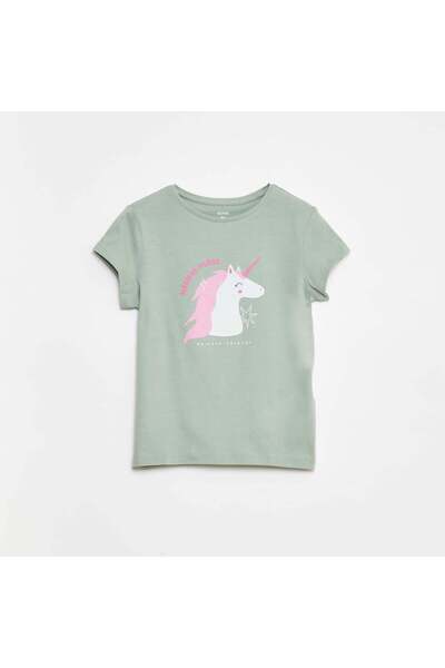 KIABI تي شيرت مطبوع بأكمام قصيرة ورقبة دائرية باللون الأخضر