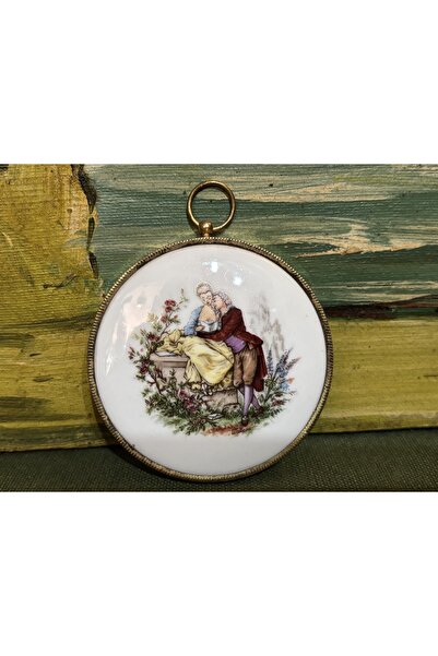 tayfuntufan antika koleksiyon Pirinç çerçeveli porselen duvar süsü 7 cm çapında