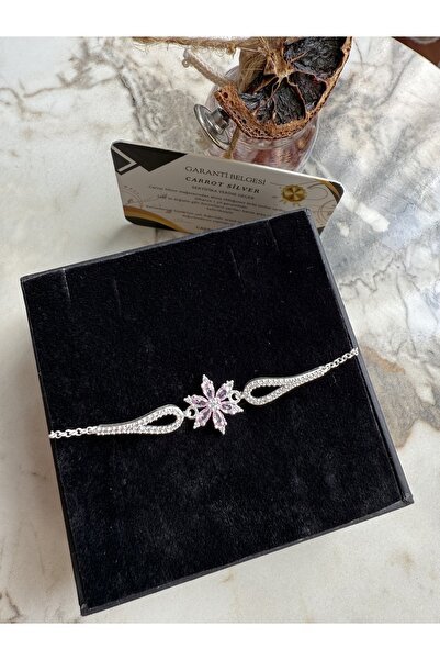 carrot silver Gümüş Işıltılı Pembe Taşlı Çiçek Model Bileklik-925 ayar gümüş-...