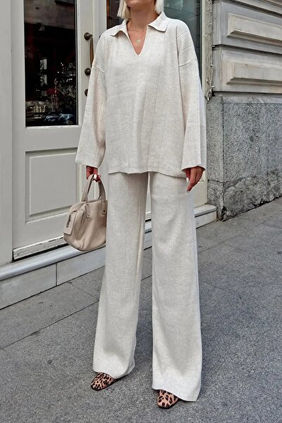 Marbella Women's Polo Neck Ribbed Knit Sweater Pants Two-Piece Set