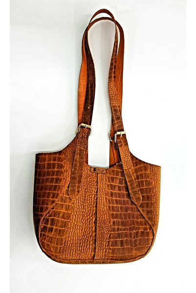 aysefe Taba Renk Timsah Desenli Hakiki Deri El Yapımı Organizerli Kadın Omuz ...