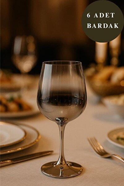 isra kristal Titanyum Kaplama Gümüş 6’lı Lüks Şarap Kadeh Seti - Şık Sofra ve Özel Günler için Kadeh Seti