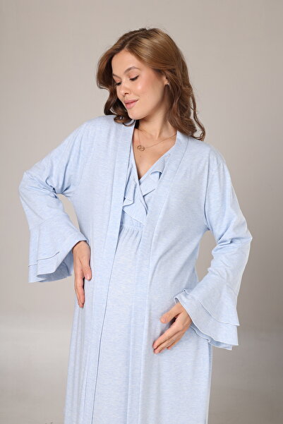 Lohusa Dünyasi Kadın Mavi Uzun Kol Kruvaze Lohusa Hamile Gecelik-Sabahlık 2'l...