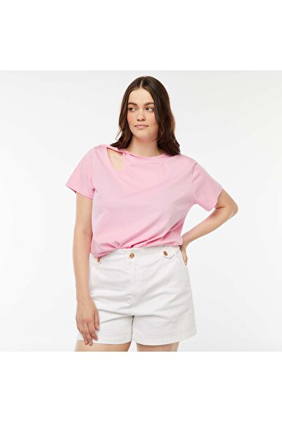 KIABI Plain T-shirt with openwork slit and twisted effect PINK