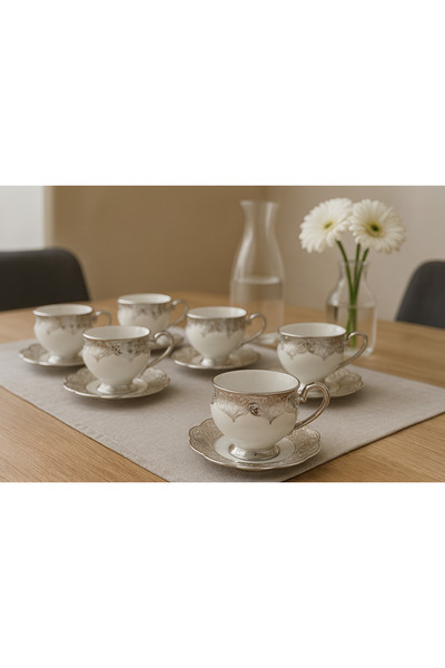 CEZVE HOME Vion 6-Person Porcelain Tea Cup Set with Silver Detailing