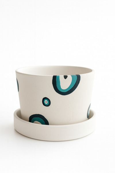 Narizen Home El Yapımı Seramik Saksı – Nazar Boncuğu Desenli, Tabağıyla Birlikte