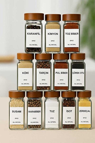 TİTANEV 12-Piece Round Glass Spice Jar Set with Acacia Wood Lids / 16 Labels ...