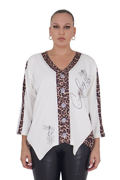 Darkmen Women's Plus Size White Asymmetrical Leopard Detail Blouse