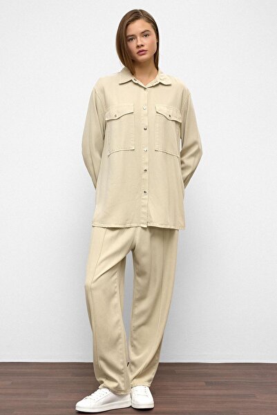 Olcay Snap Closure Casual Soft Denim Two-Piece Set Stone 9378-Tk