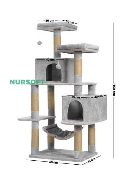 Nursoft XL Çift Yuvalı Hamaklı Kedi Tırmalama Oyun Evi – 8-10 kg Kapasiteli