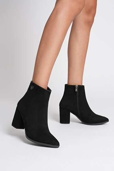 TOPUK Voly Siyah Süet Fermuarlı Sivri Burunlu Kalın Topuklu Bot
