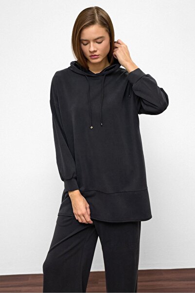 Olcay Hooded Zipper Accessory Sweat Pants Loose Modal Set Black 9382-Tk