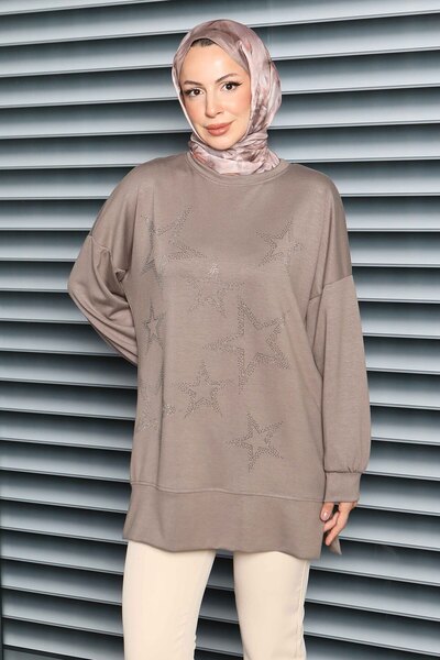 TOFİSA Yıldız Taş Detaylı Tunik Vizon - 27673