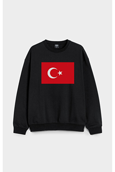 MODA سويت شيرت أسود كبير الحجم مصنوع من القطن بدون قلنسوة مطبوع عليه علم تركيا