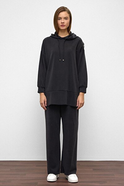 Olcay Hooded Zipper Accessory Sweat Pants Loose Modal Set Black 9382-Tk