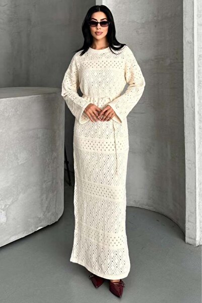 TOFİSA Baklava Desen Astarlı Triko Elbise Ekru - 27712