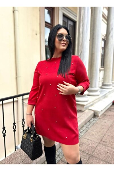 Ferdanur Başaran Büyük Beden Süet Kumaş Taşlı Elbise