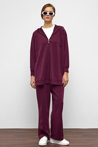 Olcay Premium-Stoff-Sweatpants-Set mit Kapuze und Reißverschluss, Burgunderrot 9371-TK